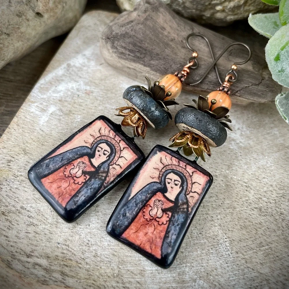 Ceramic charms statement earrings, our lady of sorrow charm earrings - Picture 1 of 5